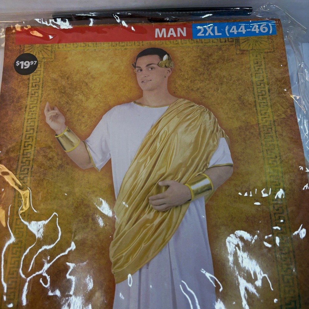 Hail Caesar Men's Toga Costume Set 2XL 44-46 Gold/White Robe Drape Cuffs Wreath